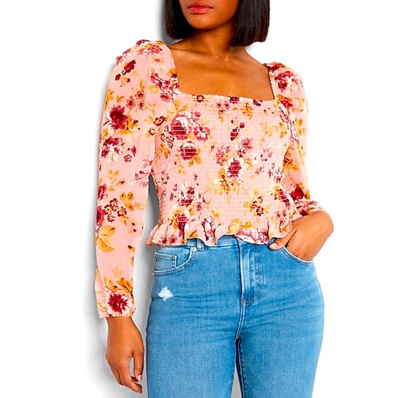 NWT Express L Flowered Smocked Square Neck Peach-ish Color Top - Picture 1 of 5